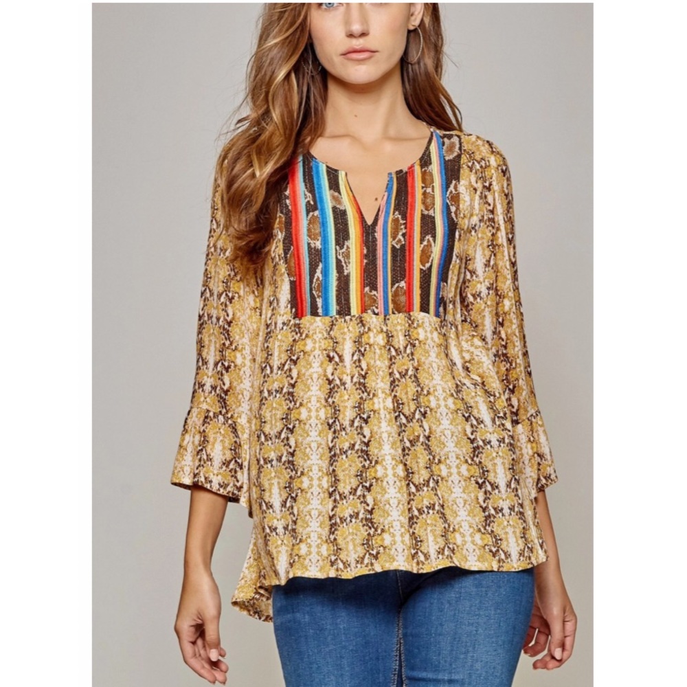 embroidered snake print tunic w/ leopard contrast